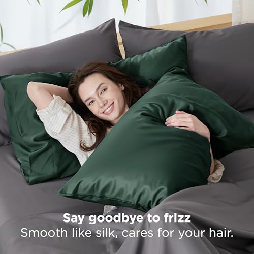 Image of Bedsure King Size Pillow Cases Set of 2, 100% Rayon Derived from Bamboo | Cooling Pillowcases, Similar to Silk Pillow Covers with Envelope Closure, PureWoven Bedding Gift, Forest Green, 20x36 Inches