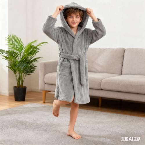 Image of Boys Girls Bathrobes,Toddler Boy Girl Robes,Children's Plush Soft Coral Fleece Hooded Pajamas Sleepwear for Kids