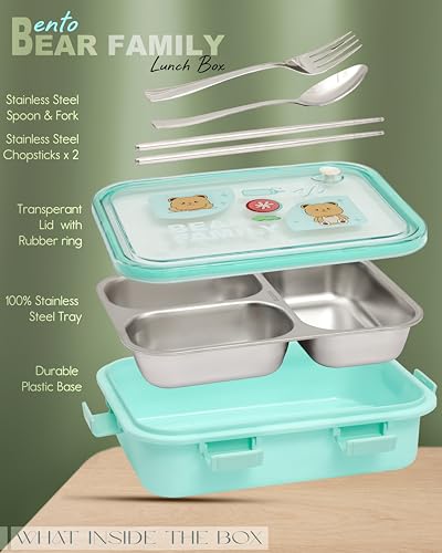 Image of Brand Conquer Lunch Box Leak-Proof BPA Free Stainless Steel for School, Lunch Box for School & Office with a Fork, a Spoon and a Pair of Chopsticks (Green, Bear Family 3 Compartment)