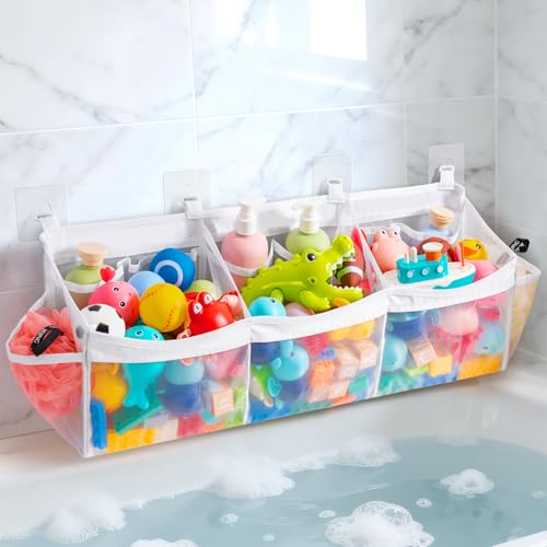 Criusia Extra Large Bath Toy Organizer with 3 Compartments and Multiple Pockets, Quick-Dry Mesh Bathtub Storage for Kids' Toys (White)