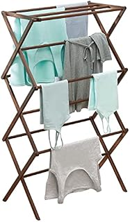 mDesign Bamboo Clothes Rack  Pull-Out Clothes Airer with 3 Tiers  Space-Saving Clothes Horse with Modern Design  Espresso Brown
