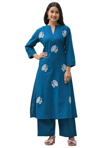 Image of INDO ERA Women's Pure Cotton Floral Embroidered A-Line Kurta & Palazzo Set (IEOUT11996)