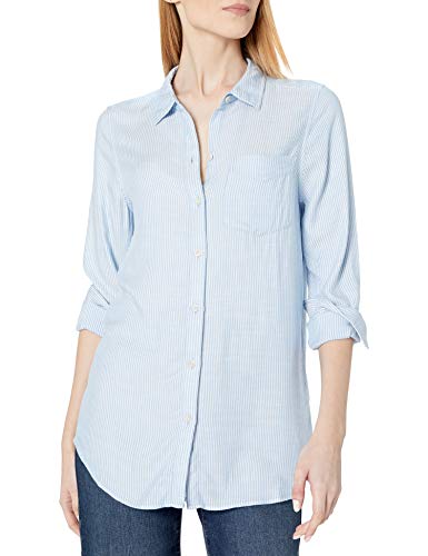 Amazon Brand - Daily Ritual Women's Soft Rayon Slub Twill Long-Sleeve Button-Front Tunic, Lake Blue/White Stripe, Medium