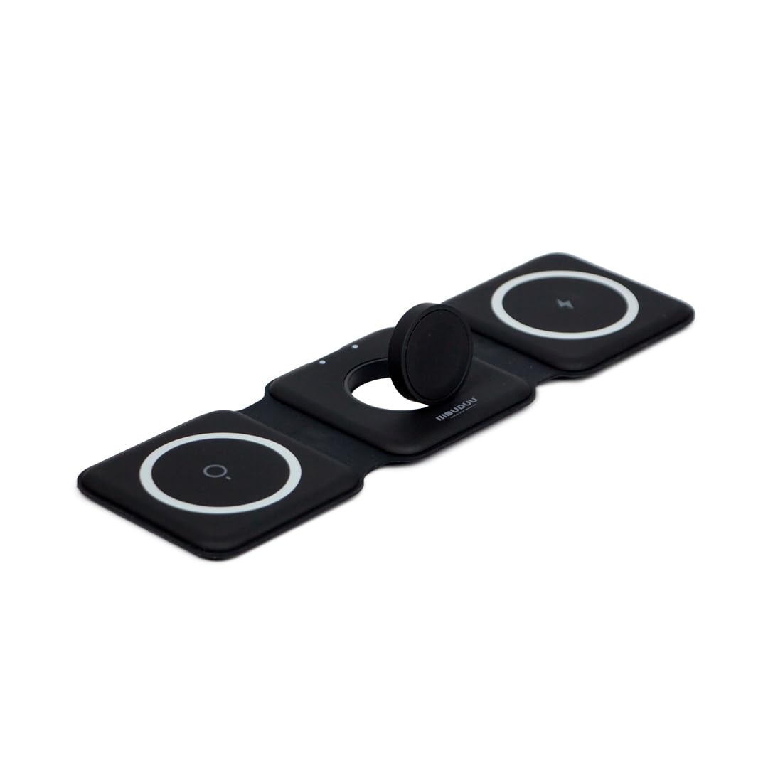 Fold Tappetino di ricarica 3 in 1 Pieghevole – Ricarica Qi per Smartphone, Smartwatch IOS e Auricolari, Stazione di Ricarica Portatile, Fast Charge 15W, Design Compatto da Viaggio (Nero)