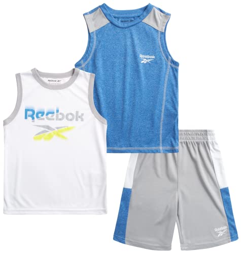 Reebok Boys' Active Shorts Set - 3 Pack Performance Dry Fit Tank Top And Gym Shorts (Toddler/Boys), Size 6, White/Blue/Light Grey #TOP12