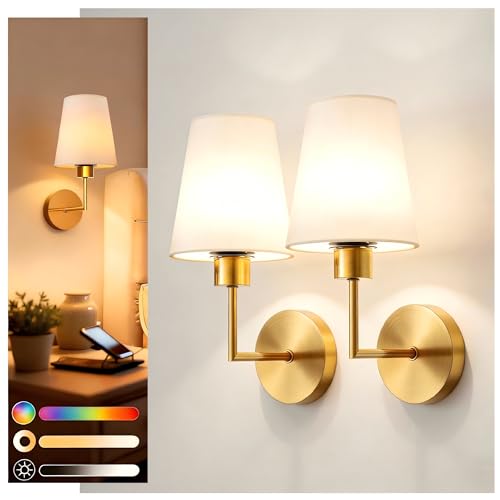 Image of DORESshop Battery Operated Wall Sconce Set of 2, Wall Light Wireless Easy to Install, Dimmable and Adjustable Sconces Wall Decor, Rechargeable Wall Lamp for Bedroom, Living Room, Gold 13.8in