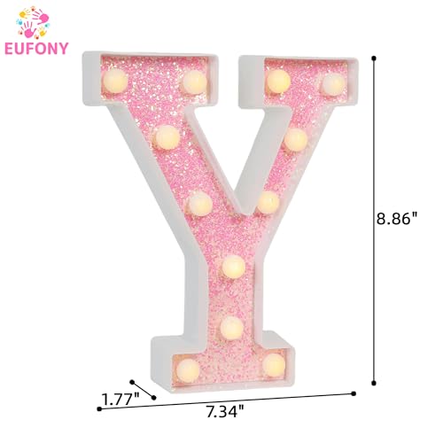 Image of Pink Glitter Marquee Light Up Letters, Battery Operated LED Letter Lights Signs for Pink Birthday Party Table Decorations, Wall Decor for Girls Bedroom, Initial Letter Y with Warm White Lights