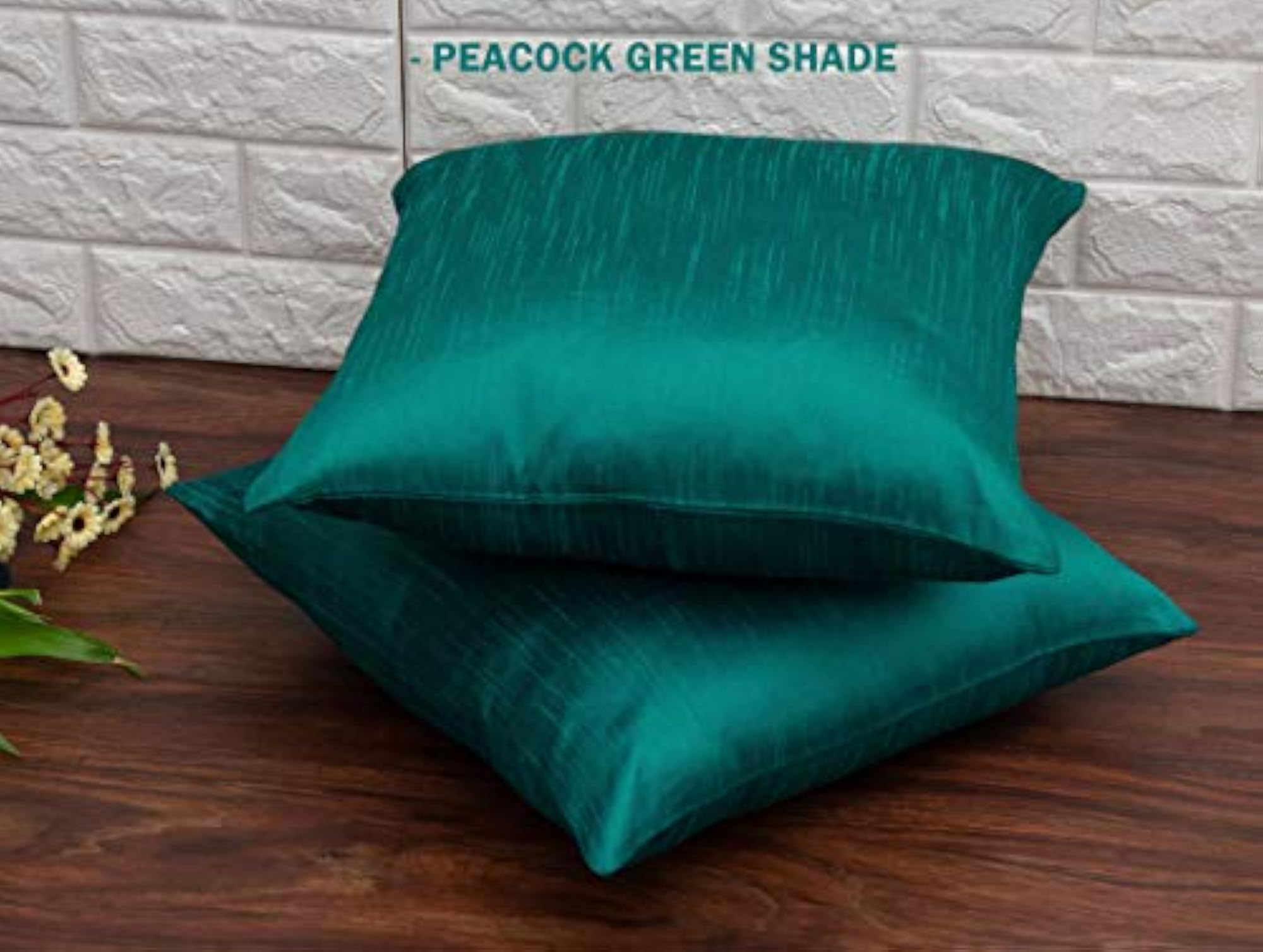 Plain Solid Art Silk Peacock Green Cushion Covers Pack of 5