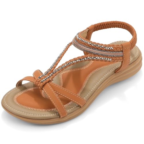 Image of UBFEN Womens Bohemian Flat Sandals With Back Strap Summer Beach Comfortable Bling