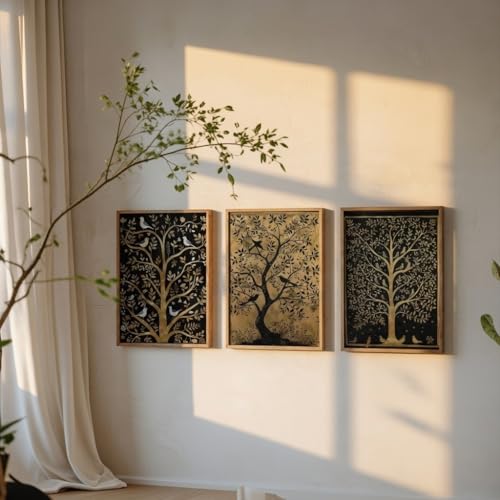 Image of Livin'luxe Set of 3 Golden Tree Wall Art Premium MDF Wooden color Color Framed HD Sparkle Lamination Printed Decorative Painting for Living Room Bedroom Hallway Office Home Decor