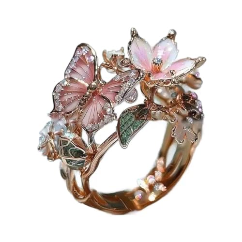Butterfly Flower Ring for Women Enamel Flower Butterfly Finger Ring with Adjustable Opening Pink Ring Sparkling Fashion Flower Ring Christmas Birthday Party Prom Clothing Jewelry (Rose Gold)