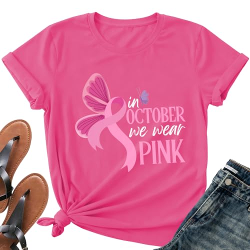 Image of Breast Cancer Awareness Ribbon Shirt Women-in October We Wear Pink Tees | Meaningful October Breast Awareness Cancer Shirt Pink Butterfly Short Sleeves Perfect for Survivors and Family Supporters