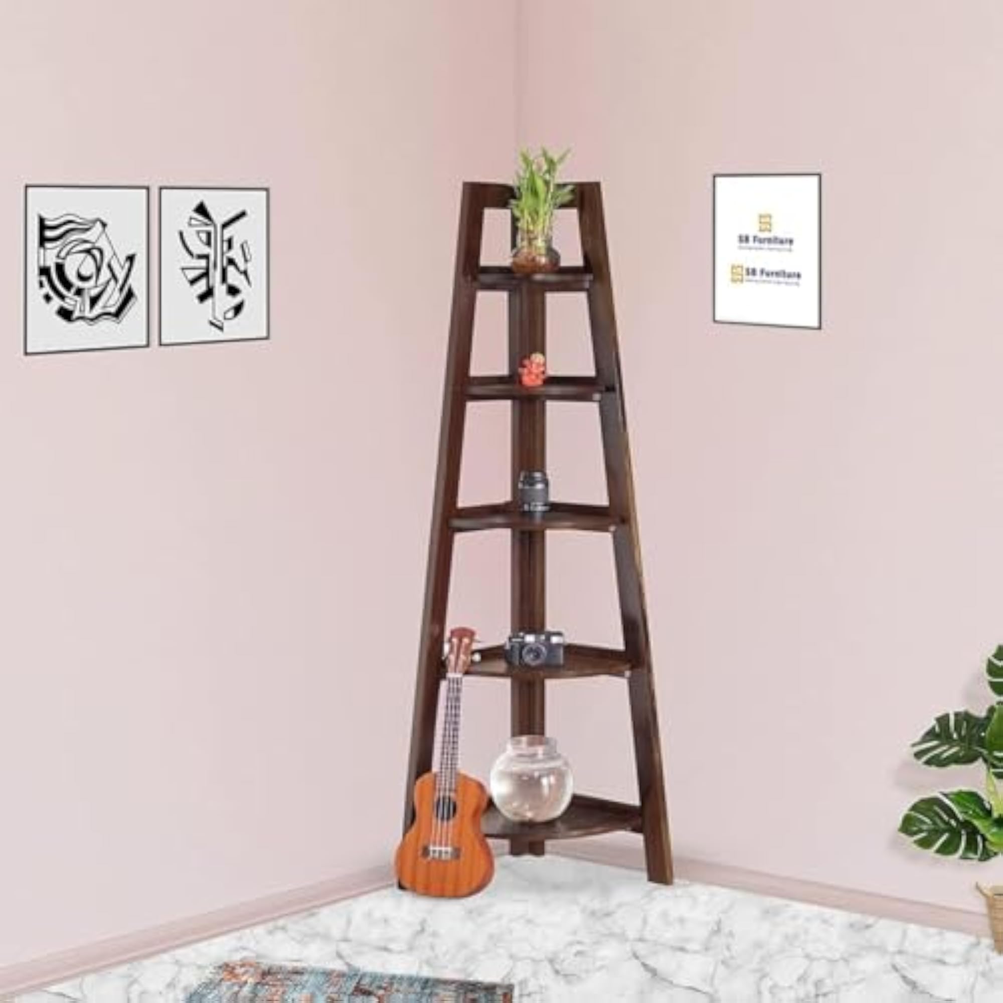 Solid Wood Corner Ladder Shelf, 5-Tier Bookshelf for Home