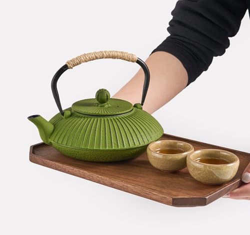 Stylish Green Cast Iron Teapot with Removable Infuser – 800ml Japanese Design, Geometric Pattern, Rust-Resistant, Optimal Heat Retention, Woven Handle for Loose-Leaf or Bagged Tea - Image 5
