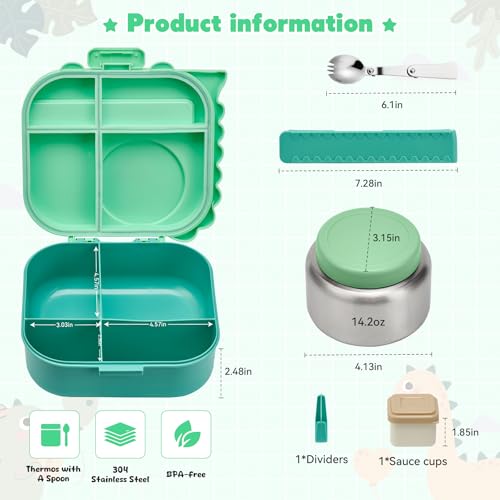 Image of Pawtong Bento Lunch Box with Thermo, 4-Compartment Bento Box with Adjustable Dividers, Leakproof Dinosaur Lunch Box with 14.2OZ Insulated Food Jar & Sauce Jar, for School Office Travel(Green)