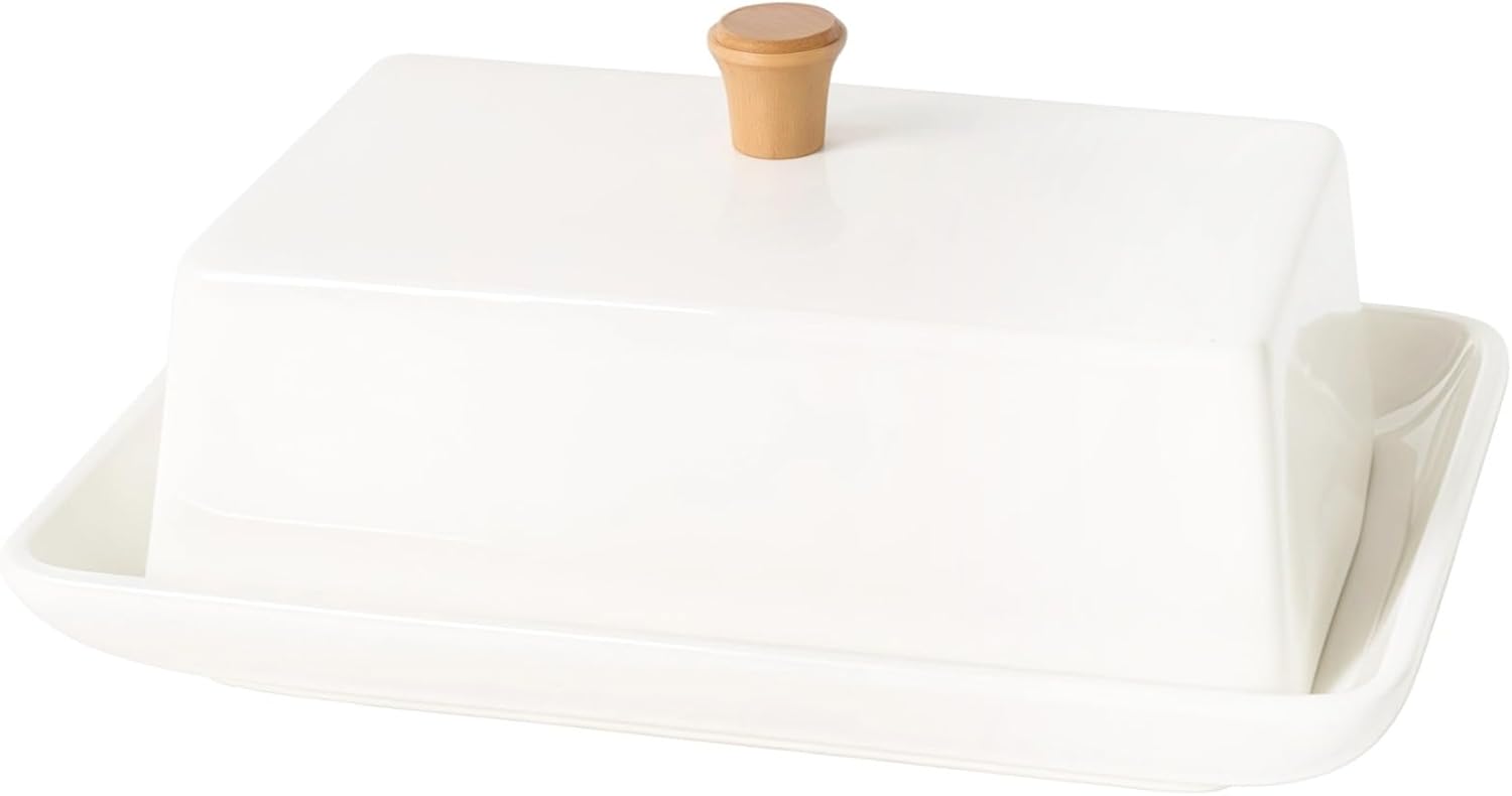 White Ceramic Covered Cheese Keeper, Elegant 7 in Butter Dish with Lid and Wooden Knob, Rectangular Glazed Butter Bowl for Countertop