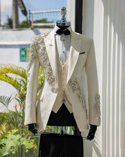 3 Pieces Men's Tuxedo Slim Groom Wedding Suits Luxury Rhinestones One Button Blazer Vest Pants Set for Prom,Party4