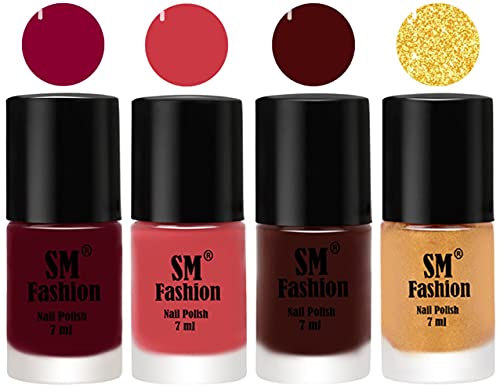 Image of Nail Polish Combo Set (Pack of 4) Quick Dry Gel Finish Nail Paint | Boysenberry,Punch Pink,Wine,Light Golden | 7 ml Each