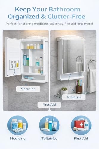 Image of Citrine Wall Mounted Bathroom Mirror Cabinet with Storage Shelves | Space Saving Organizer with Mirror Door | Waterproof Bathroom Storage Unit for Toiletries (White)