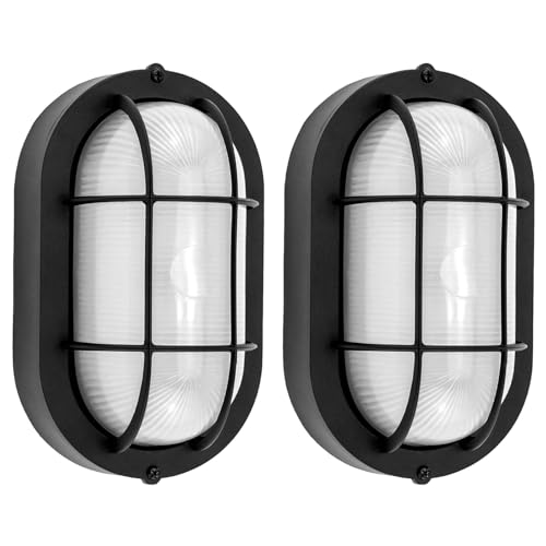 8.5 Outdoor Wall Lights Oval Bulkhead Wall Light Fixture 2 Pack Outdoor Bulkhead Sconce Flush Mount for Wall/Ceiling Sauna & Exterior Lighting Black Aluminum & Glass E26 Base 60W 3000K