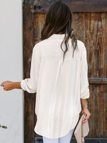 Mutitop Womens Button Down Shirts Striped Dress Shirts Long Sleeve Textured Blouse Collared Work Office Top Casual Tunic - Image 3