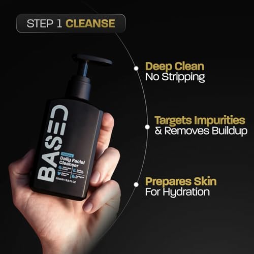 Image of BASED Skincare Trio - Daily Facial Cleanser, Moisturizer & Skin Revival Spray - Complete Men's Skincare System - Hypochlorous Acid, Bamboo Charcoal & Ceramides - All Skin Types