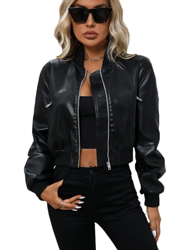 LY VAREY LIN Womens Faux Leather Varsity Jacket Biker Baseball Streetwear Casual Coat