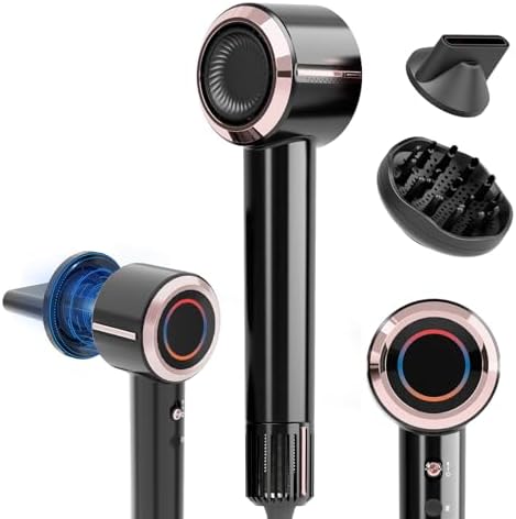 CINOSTAR Hair Dryer with Smart Cool and Hot Air Circulation, 1600W Brushless Motor,Magnetic Attachments 2 Nozzles, Fast Drying Ionic Technology, Frizz Free Hair Scalp Care,Black Gold
