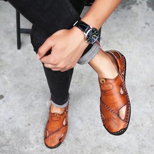 NANXIN&LOVE Mens Casual Leather Sandals Summer Beach Slipper Mens Comfort Outdoor Shoes Fashion Lightweight Trail Water Sandal Adjustable (Two Ways)3