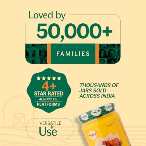 Image of Vediko Origins A2 Gir Cow Ghee | Traditional Bilona Method | Curd-Churned & Firewood-Cooked | Grass-Fed Desi Gir Cows | Danedar, Ayurvedic, Lactose-Free Ghee (500ml)