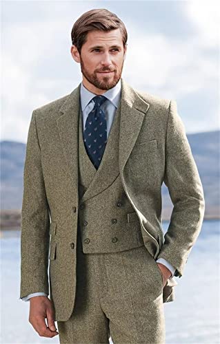 Tweed Suits for Men 3 Piece Herringbone Tweed Suits Slim Fit Double Breasted Blazer Jacket Tuxedos Costume Wedding Prom2