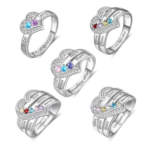 925 Sterling Silver Personalized Mothers Ring with 3 Birthstones Custom Engraved Name Engagement...