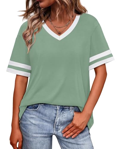 Image of WIHOLL Womens T Shirts Loose Fit Short Sleeve Tees V Neck Color Block Summer Tops 2026 Fashion S-4XL