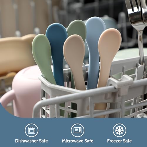 Image of 6 Piece Silicone Baby Feeding Spoons, First Stage Infant Soft-Tip Easy on Gums, Training Spoon Self-feeding, Utensils Supplies, Dishwasher & Boil-proof - Blue