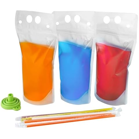C CRYSTAL LEMON 100PCS Liquor Pouches, Drink Pouches for Adults Alcohol Pouches with 100 Drink Straws & Silicone Funnel, Juice Pouches, Smoothie Pouches, Heavy Duty Reclosable Ice Drink Pouch Bag Cover