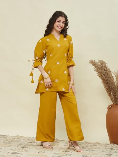 Image of Girls Floral Embroidered Kurta and Palazzo Pants Co-ord Set with V Neck Elegant Traditional Outfit for Festive and Functions