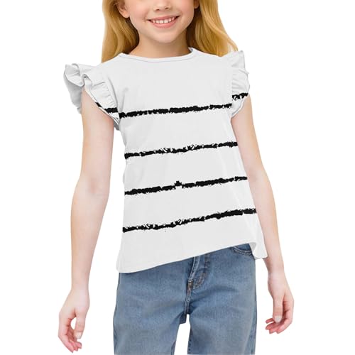 Girls Ruffle Flutter Sleeve Cute T-Shirts Casual Striped Loose Crewneck Tees Summer Tops for Kids 3-15 Years