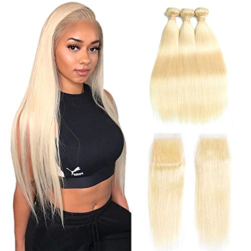613 Bundles with Closure 613 Platinum Blonde Human Hair 3 Bundles with Transparent Color Lace Closure 4x4 Brazilian Straight 9A Remy Human Hair Extension Can Be Dyed (18 18 18 with 16, Closure)