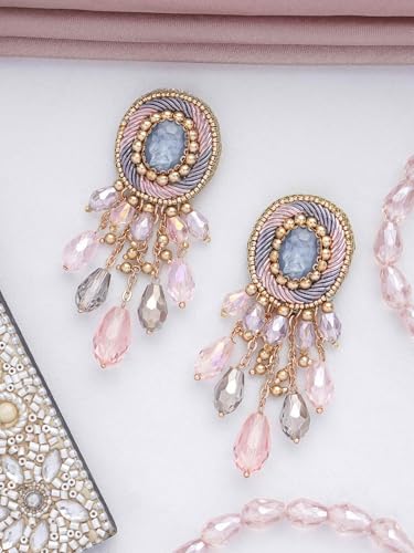 Image of SANJOYA by EVERSTYLISH Embroidered Earrings for Women | Pastel Stone & Beaded Dangler Earrings | Ethnic Jewelry for Weddings, Festivals & Special Occasions