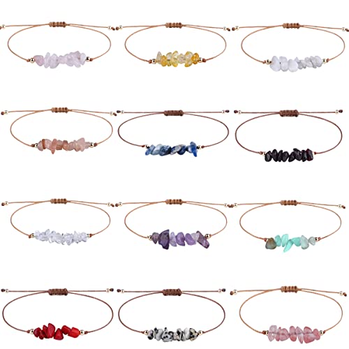 Yfstyle 12Pcs Natural Irregular Chip Crystal Bracelets For Women Girls Healing Chakra Crystals Bracelets Handmade Crystal Chips Beads Bracelet Bohemian Surfer Wave Bracelets For Summer Beach-A #TOP22