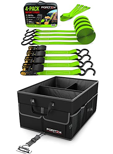 FORTEM Ratchet Straps 1 inch Bundle with Black Car Trunk Organizer - Green