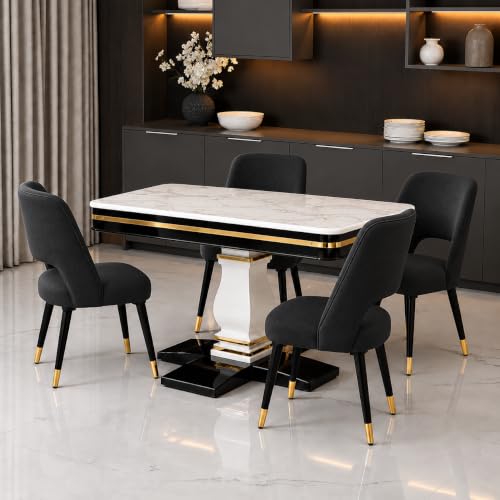Image of 4 Seater Rectangular Dining Table Set with 4 Black Upholstered Chairs, White Marble Look Top and Gold Accents for Modern Home