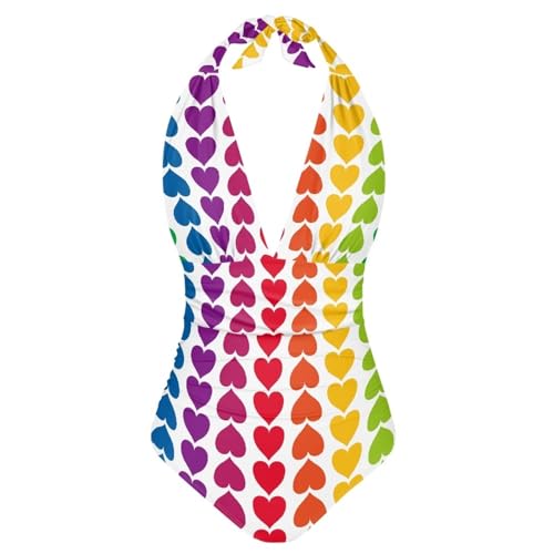 Poetesant Hearts One Piece Bathing Suit for Women Backless Bikini Swimsuit Colorful Love Heart Halter Swimwear White Sexy Swimming Costume for Valentine's Day-3XL