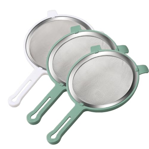 Juego de colador de cocina, colador de cocina de acero inoxidable con mango de plástico, colador de malla fina pulido para tamizar, escurrir pasta, quinua, azúcar en polvo, verduras, frutas, té, 3