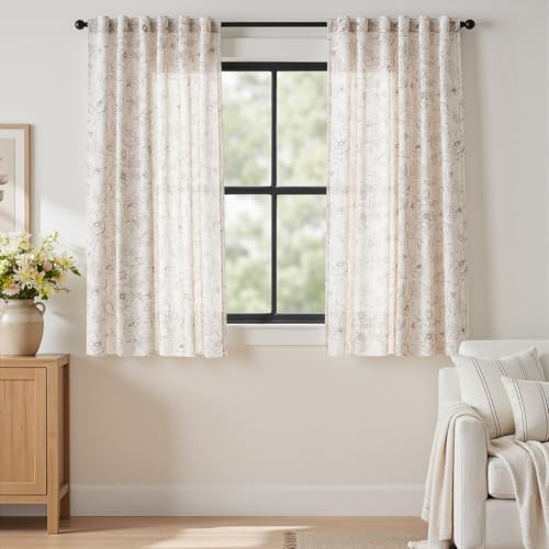 Image of jinchan Floral Linen Curtains for Living Room 63 Inch Length Taupe Flower Curtain Rod Pocket Back Tab Farmhouse Curtains with Printed Floral Bedroom Window Curtain Set, 2 Panels Taupe