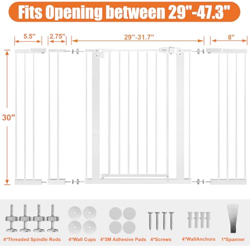 Image of keny 29 inch-47.3 inch Extra Wide Baby Gate for Stairs, Auto Close Safety Dog Gate | Pressure Mounted No Drilling Pet Gate for Doorways, Easy Walk Through Stair Gate for Kids Todder, 30 inch Tall, White