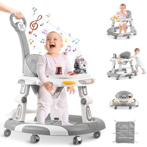 Ofrdncy 4-in-1 Baby Walker for Kids Foldable Baby Walkers with Wheels and Baby Activity Center Toys Tray with Music 5-Gear Height Adjustable for Infant Boys & Girls 6-18 Months (Grey)