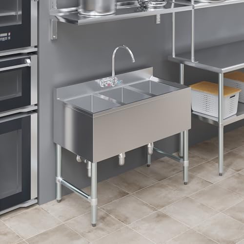 Image of AmGood 3 Compartment Under Bar Sink With Faucet - 38 inch X 18 3 /4 inch. NSF. Commercial Three Bowl Under Bar Sink