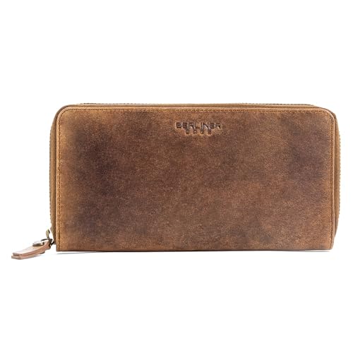 Image of BERLINER BAGS Genuine Leather Zip Wallet Women Margo, Gift Box - Brown | Soft Leather Zip Around Wallet, Fit up to Phone 6.9 inch, 12 Card Slots, 1 ID Window, 1 Coin Pocket, RFID Blocking