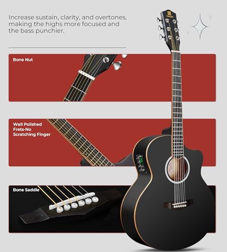 Image of Vangoa 3 /4 Acoustic Electric Guitar Kit for Beginners, 36 Inch Acoustic Cutaway Guitar Junior Size Travel Acustica Guitarra Bundle for Adults, Teens, Upgraded Starter Kit, Black Matte